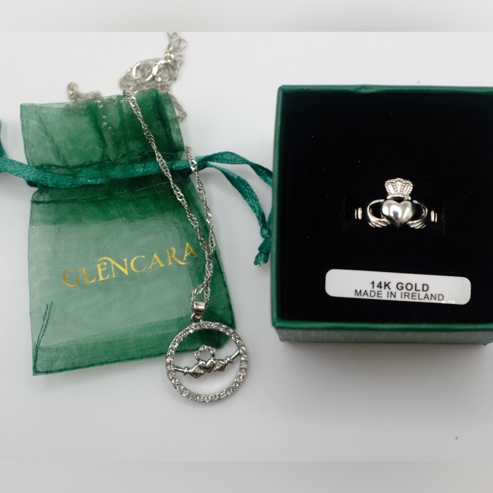 Glencara Sterling Silver + 14k Gold Claddagh Ring and Necklace
